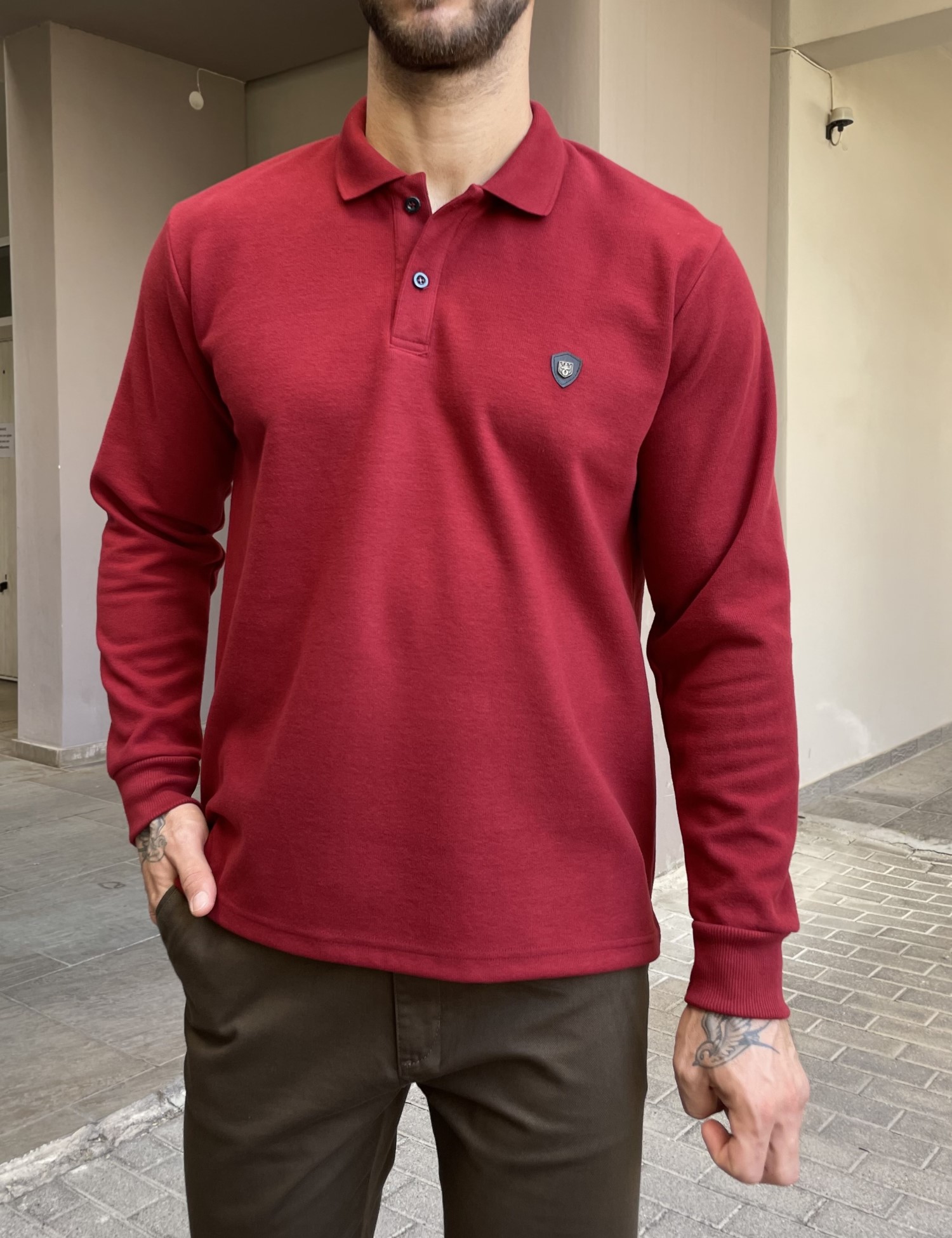 Everbest Everbest Ανδρική κόκκινο Polo μακρυμάνικη μπλούζα Plus size 261032R